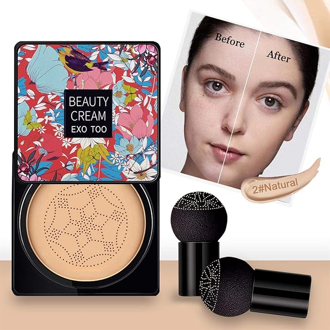 NUIBO 2 Pack Mushroom Head Air Cushion CC Cream Foundation, Moisturizing BB Cream, Long Lasting Matte Concealer with 2PCS Mushroom Head Sponges (Natural)…