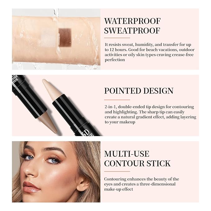 Duo Eye Highlighter & Face Concealer Pencil 2 in 1 Cream Brow Brightener Contour Cone Tip Pen Shimmer Inner Corner Eye Luminizers Creamy Matte Bronzer Cosmetics Stick for Eye Face Makeup
