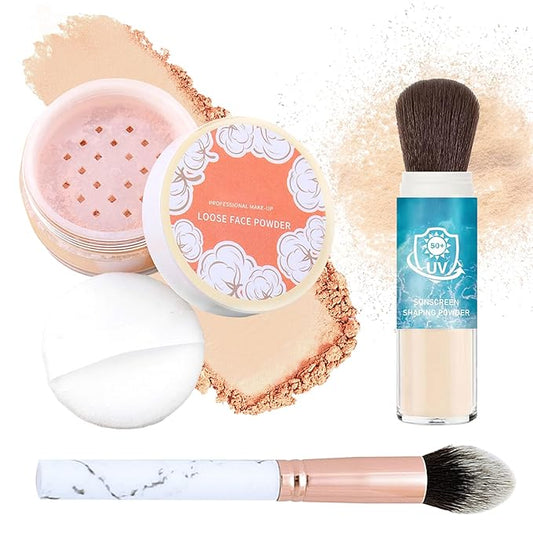 2PCS Loose Setting Powder with Cosmetic Brush,Waterproof Loose Powder Makeup,Natural Matte Translucent Powder Setting Powder,Oil Control Loose Face Powder for Women and Men