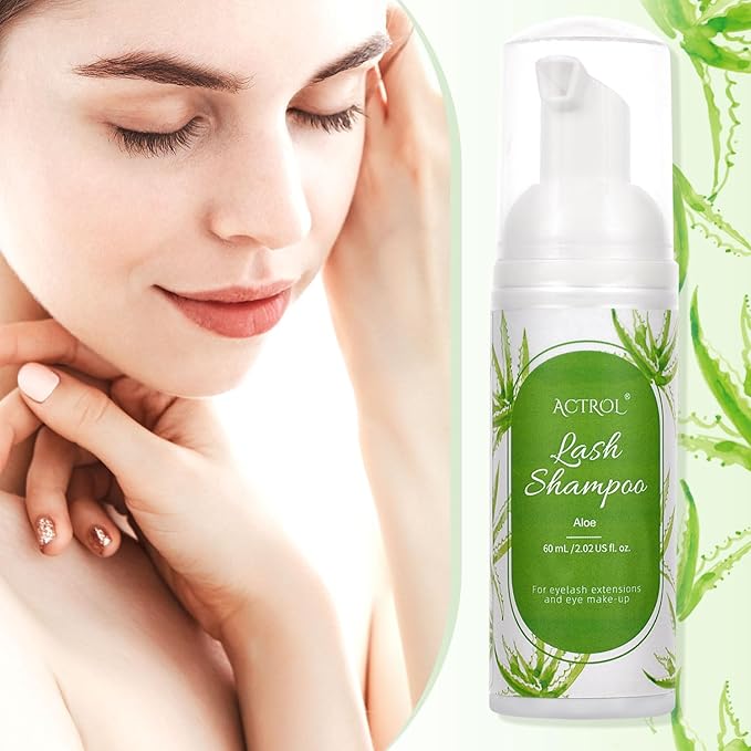 Eyelash Extension Cleanser 60ML Colored Green Aloe Lash Extension Shampoo Professional Eyelid Foaming Cleanser Paraben & Sulfate Free Non-lrritating with Salon and Home Care