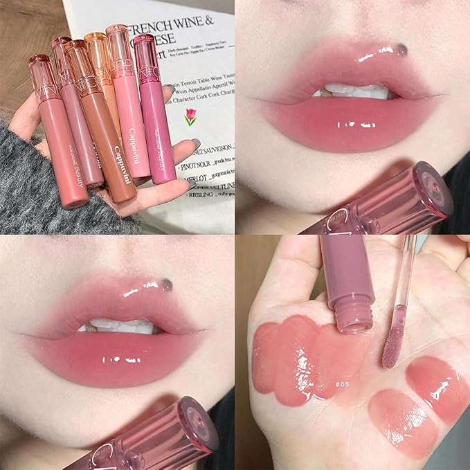 6 Colors Hydrating Plumping Lip Gloss Set,Glossy,Natural Color, Long-lasting Waterproof Moisturizing Shimmer Jelly Lip Glaze Tinted Lip Balm,Mirror Liquid Water Glow Lipstick