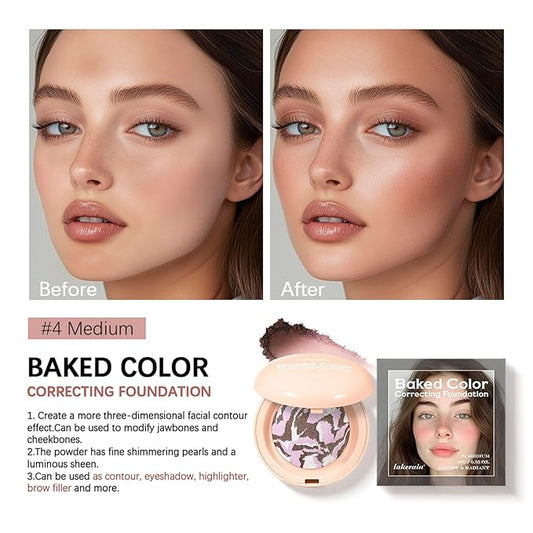 Baked Color Correcting Foundation – Lightweight Airy Finish Powder Makeup with Mirror, Subtle Glow, Oil Control, Long Lasting – Fine Texture for Smooth Light to Medium Coverage (#4 Medium)