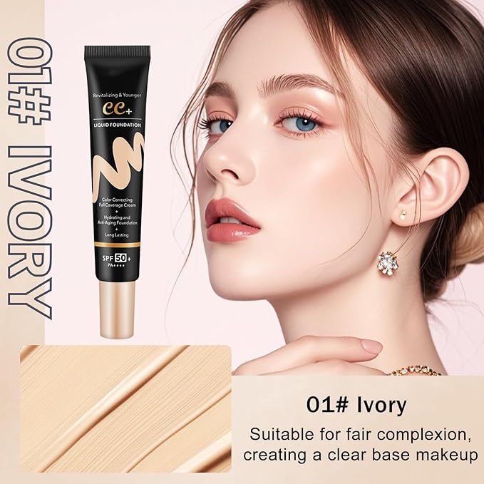 CC Cream with SPF 50+ with Brush, Waterproof Flawless Concealer Full Coverage BB Cream for All Skin Types, Lightweight Powder Foundation Full Coverage, Pre-makeup Primer Refine Skin Texture (Ivory)