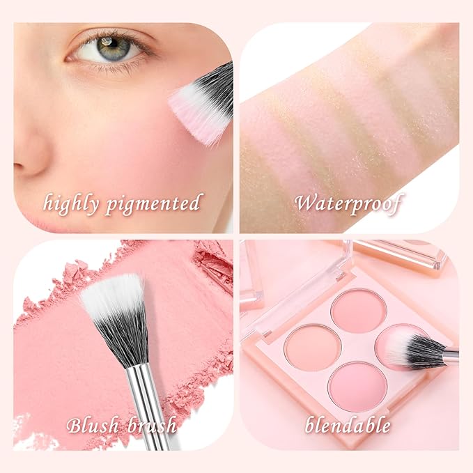 4 Colors Cream Blush Palette, Matte Pink & Highlighter Eyeshadow Makeup Palette with Blush Brush