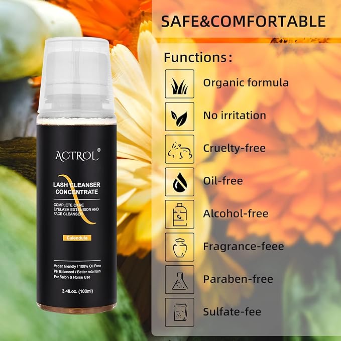 Eyelash Cleanser Concentrate 100ml Calendula Lash Shampoo Foaming Cleanser Paraben & Sulfate Free Non-lrritating Wash for Extensions Lashes with Salon Home Care-Makes 20 Bottles