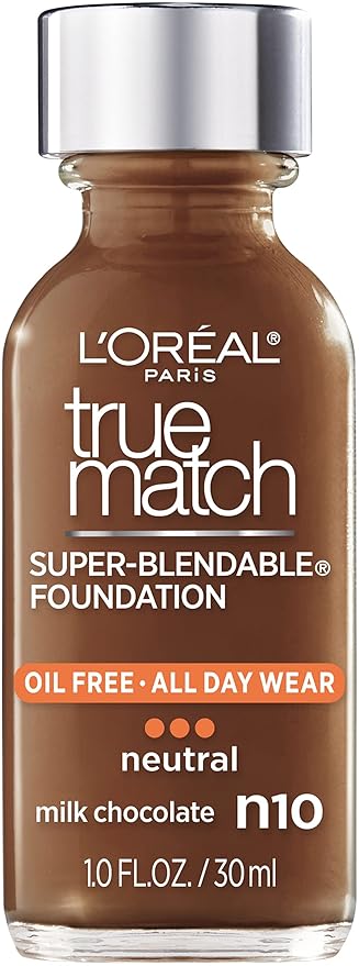 L’Oréal Paris Makeup True Match Super-Blendable Liquid Foundation, Milk Chocolate N10, 1 Fl Oz,1 Count