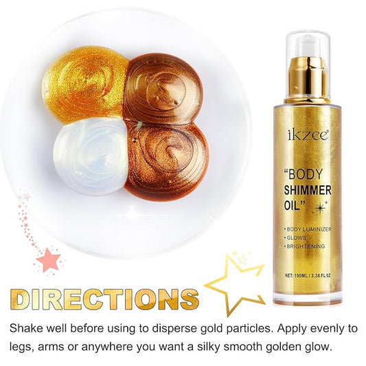 Body Shimmer Oil 100ml, Moisturizing Long Lasting Body Luminizer Face Brighten, Waterproof Liquid Illuminator Body Glitter Oil, Shimmer Glow Highlighter Summer Glowing Taning Makeup (#02 Gold)