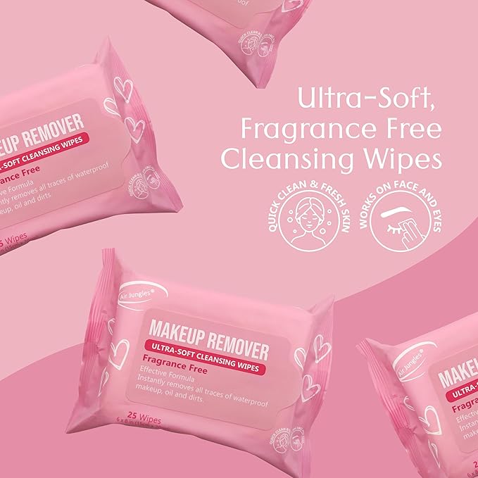 Air Jungles Makeup Remover Wipe 25 Counts, Extra Large 6" x 8", Fragrance-Free, Gently Removes Makeup and Oil, Face Cleansing Wipes, Alcohol Free