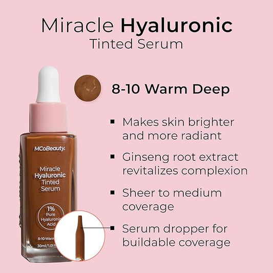 MCoBeauty Miracle Hyaluronic Tinted Serum, 8-10 Warm Deep, Hydration & Glow for Radiant Skin, Vegan, Cruelty Free Cosmetics