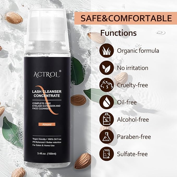 Eyelash Cleanser Concentrate 100ml Almond Professional Lash Shampoo Foaming Cleanser Lash Wash Concentrate for Extensions Lashes with Salon Home Care-Makes 40 Bottles Almond