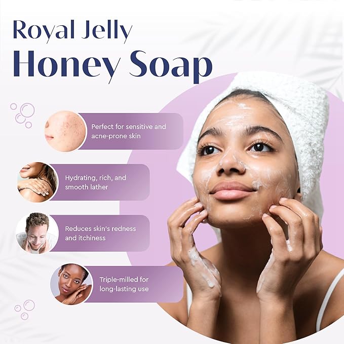Royal Jelly Honey Soap Set - Luxurious Vegetable-Based Bars with 2% Honey, Hydrating Lanolin & Anti-aging Royal Jelly, Peach Blossom Scent - Spa Quality (Pack of 6)