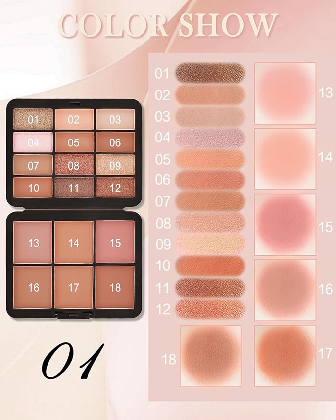 Glitter Matte Eyeshadow Blush Palette-18 Colors Multiuse Makeup Palette for Eye Cheeks,Long-lasting Waterproof Matte Shimmer Colored Portable Makeup,Mother's Day Makeup Gift Set for Women-01