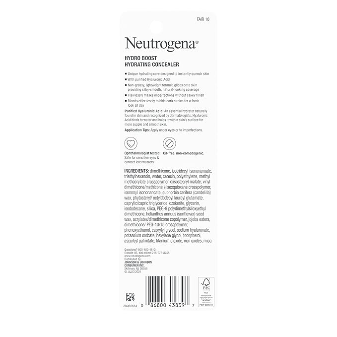 Neutrogena Hydro Boost Hydrating Concealer Stick for Dry Skin, Oil-Free, Lightweight, Non-Greasy and Non-Comedogenic Cover-Up Makeup with Hyaluronic Acid, 10/Fair, 0.12 Oz