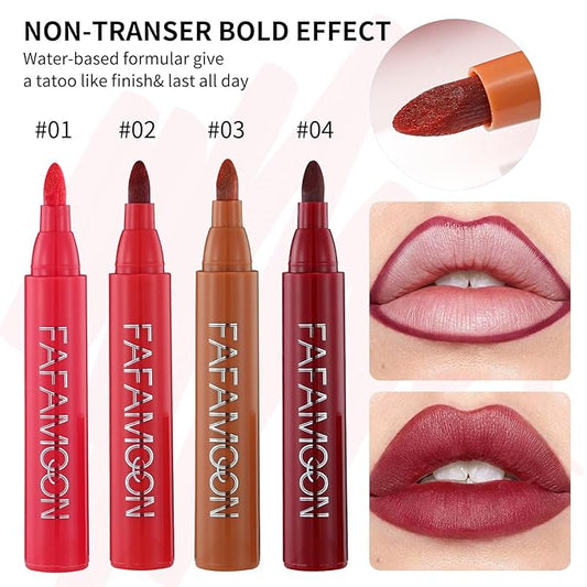 4Pcs Lip Stain Tip Marker Set, Hydrating and Waterproof Lip Liner Stain, Matte Color Look, Longlasting All Day Wear Lip Color, Smudge Proof Natural Finish, Precise Chisel Tip Marker