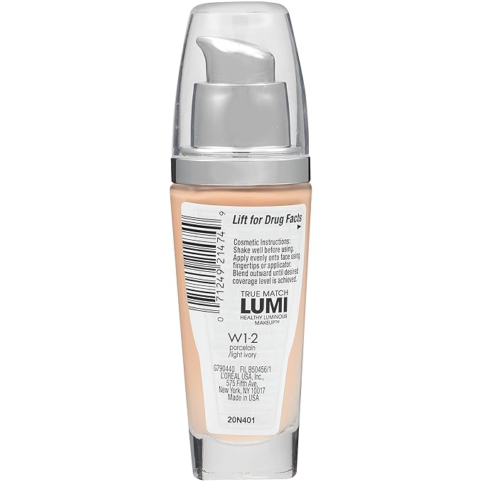 L'Oreal Paris True Match Lumi Healthy Luminous Makeup, W1-2 Porcelain Light Ivory, 1 fl; oz.