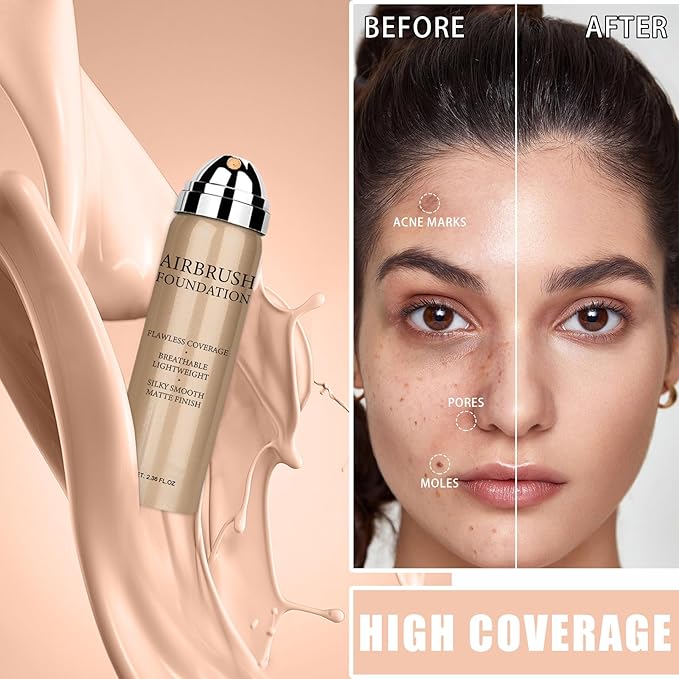 Airbrush Foundation Spray Makeup Set, Hydrating and Moisturizes Face Prime, Long Lasting Waterproof Full Coverage Foundation Mist for Color Correction, Brighten, Matte Finish, 2.36oz - #3 Nude