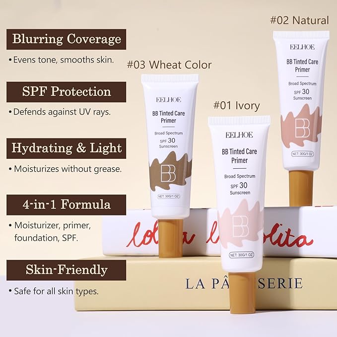 BB Cream Tinted Moisturizer with SPF 30–Lightweight BB Blur Tineted Care Primer,Hydrating Tinted Sunscreen for Face,Full-Coverage Skin Tint Makeup for All Skin Types with 2PCS Sponge (02 Natural)