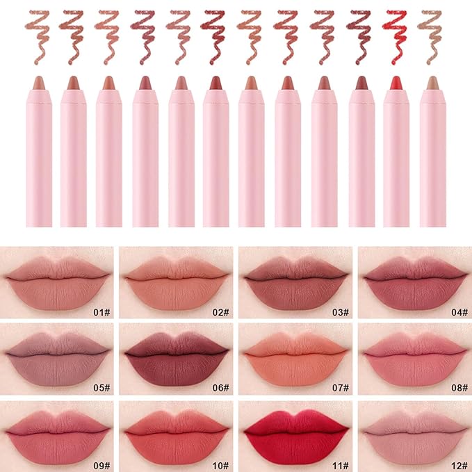 12 Colors High Pigmented Smooth Lip Liner Set, Long Lasting Fade Resistant Lip Pencil, Smudge-proof & Waterproof Red Nude Matte Velvet Lipstick Pen, Professional Lip Liner Set
