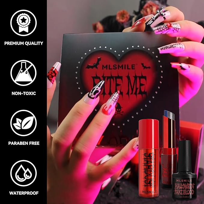 Halloween Makeup Kit,Halloween Press On Nail With Tools,SFX Make up Set Fake Blood Cream,Powder Lipstick,two-tone eyeshadow,2024 New Halloween Party Supplies