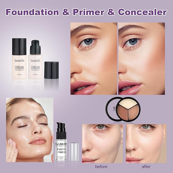 Women Full Kit Make up Kit Makeup Sets Women Includes Eyeshadow Palette Lip Gloss Liquid Lipstick Make up Sponge Brushes Eyebrow Concealer With Makeup Bag