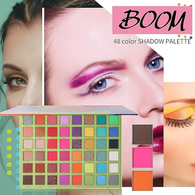 Docolor 16Pcs Colorful Eye Makeup Brushes Set + 48 Colors BOOM Eeyshadow Palette Pigmented Matte Shimmer Metallic Blendable Soft Cream Powder Makeup Eye Shadow Palettes