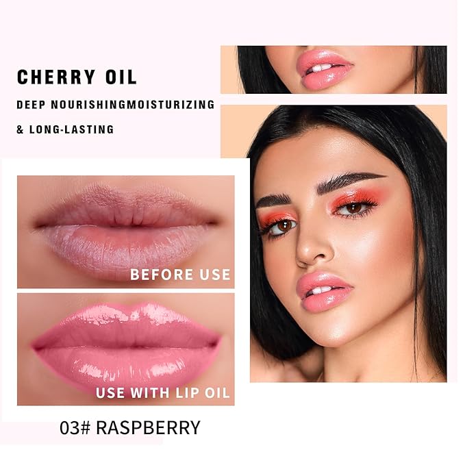Hydrating Lip Glow Oil - Moisturizing Tinted Lip Gloss Plumping Nourishing Non-sticky Long Lasting Lip Stain with Cherry Oil 0.27 fl.oz (Raspberry)