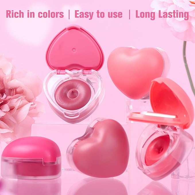Heart-Shaped Cream Blush for Cheeks & Lips β 2-in-1 Tinted Lip and Cheek Balm Kit with Mini Brush β Blendable Dewy Blusher Face Makeup for Women, Portable Compact for Travel & On-the-Go Touch Ups 04