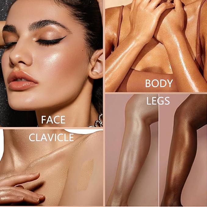 Body Shimmer Oil Gold 4 Color Face Brighten Luminizer Glow for Face & Body, Summer Glow Pearl Highlighter Liquid Illuminator Makeup With Brush (#2, 2.8 Fl Oz)