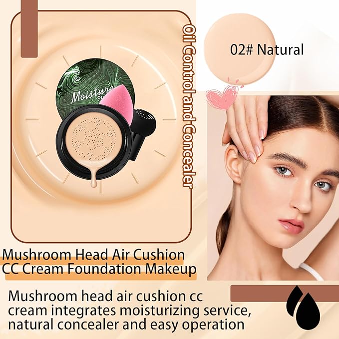2P Mushroom Head Air Cushion CC Cream Foundation,Moisturizing Non-Greasy BB Cream and Makeup Sponge,Longlasting Matte Concealer Full Coverage Face Makeup Liquid Foundation for All Skin Types(Natural)A