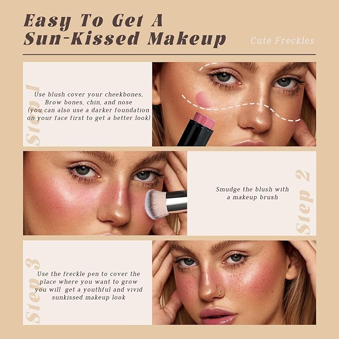 Freckle Pen Blush Stick Sunkissed Makeup Set, Natural Waterproof Fake Freckle Pen Long Lasting Quick Dry Soft Liquid Freckle Marker,Buildable Lightweight Solid Cream Blush for Cheeks