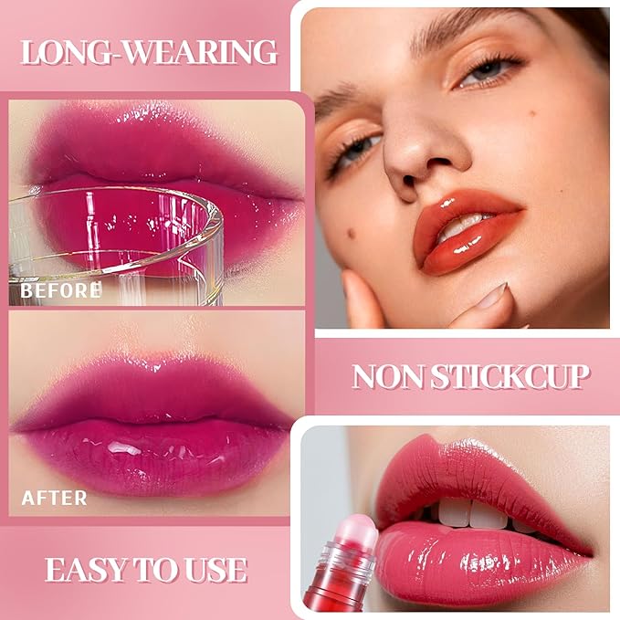 6 Colors Roll on Lip Tint Stain Set, Watery Vivid Color Waterproof Long Lasting Lip Gloss, Non-Stick Cup High Pigment Korean Liquid Lipstick Set, Multi-Use Lip and Cheek Tint Makeup