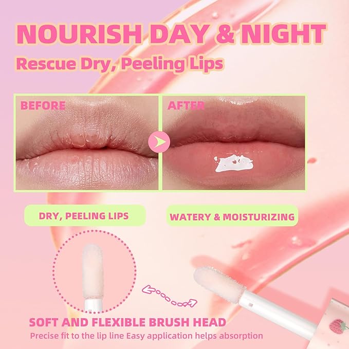 4PCS Fruity Lip oil,Big Brush Head Lip Oil,Moisturizing Lip Gloss Lip Oil,Natural Nourishing Lip Oil Gloss,Lightweight & Non Greasy, Pink