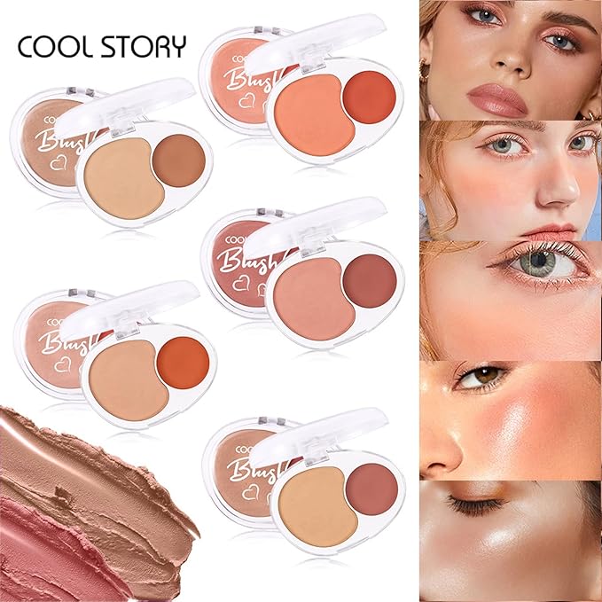 Dual-Tone Face Blush Palette for Cheeks - Waterproof, Long-Lasting, Satin Finish, Creamy Texture, Sculpting, All Skin Tones, Squalane, Highlighting, for Home, Travel, Makeup 2 Tone Tint 5#