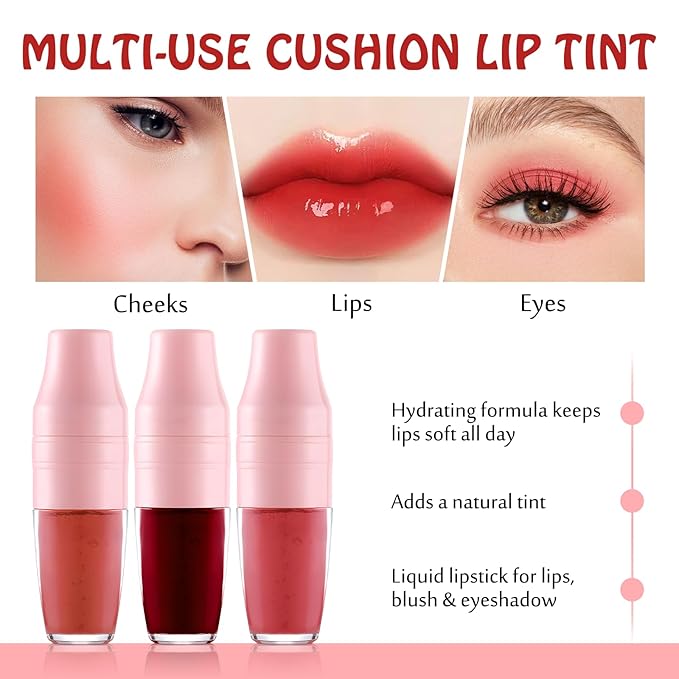 Lip Stain Tint 3 Colors Set, Long Lasting Moisturizing Sponge Tip Applicator Tinted Lip Gloss, Multi-Use Non-Stick Cup Liquid Lipstick for Women Lips Cheek Eye Makeup