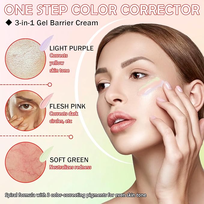 One Step Color Corrector Isolation Cream,Tri-Color Moisturizing Concealer Makeup Primer,Tinted Moisturizer Long Lasting Color Correcting Facial Serum Foundation for Flawless Makeup