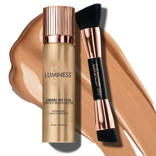 LUMINESS Airbrush Veil Tinted Moisturizer with Buffing Brush, Warm 070 - Lightweight, Hydrating & Skin-Plumping Face Moisturizer Spray - Facial Skin Tint with Hyaluronic Acid, Ceramides & Aloe