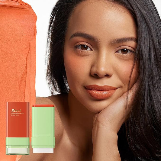 Blush Stick for Cheeks and Lips with Built-In Blending Sponge, On-the-Go Glow Blush, Hydrating Solid Cheek Tint, Multi-use Blush Makeup Stick, Tinted Moisture Sticks (Color:02#Coral Orange)