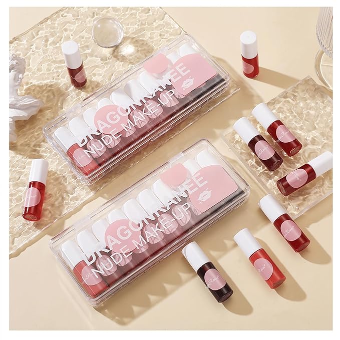 10 Colors Liquid Tint Stain, Korean Lip Gloss Moisturizing Natural Mini Liquid Lipstick, Multi-Use Lip and Cheek Tint, Lip Stain Long Lasting Waterproof, Non-Stick Cup