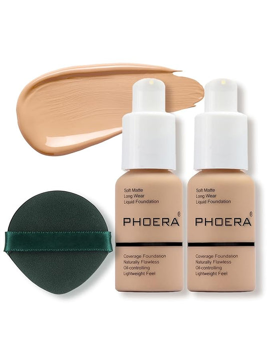 PHOERA Foundation Makeup, Flawless Soft Matte Oil Control Liquid Foundation, Full Coverage Mattle Oil-Control Concealer for Older Women, Great Choice For Gift (#104 Buff Beige(2pcs))
