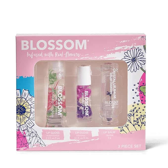 Blossom Moisturizing Lip Gloss Tubes, Roll on Lip Gloss, Scented pH Color Change Lip Balm, Infused with Real Flowers, 0.7 fl. oz/15mL, 3 Pack Gift Set, Watermelon/Coconut/Purple
