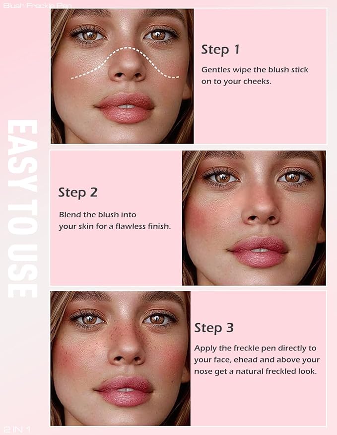 Freckle Pen Blush 2 in 1 Natural Lifelike Light Brown Freckle Stamp Pink Liquid Blush for Cheeks Quick Dry Fake Freckles Long Lasting Faux Freckles Tattoo Marker Waterproof for Sunkissed Makeup