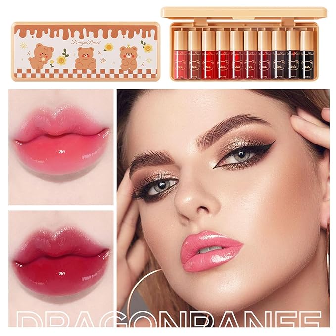 10 Colors Liquid Tint Stain Set, Korean Lip Gloss Moisturizing Natural Mini Liquid Lipstick, Long-Lasting & Non-Stick Cup, Multi-Use Lip and Cheek Tint Stain