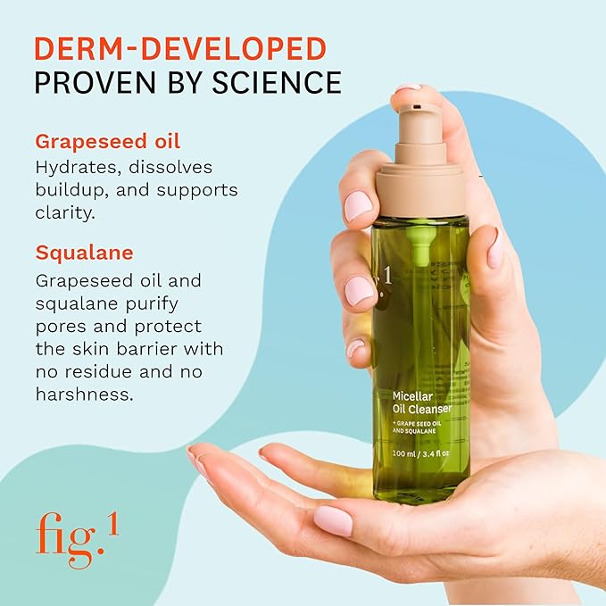 Fig.1 Hydrating Oil Cleanser for Face – Micellar Makeup Remover with Grapeseed & Squalane, Deep Cleansing Oil-Based Formula, Non-Stripping & Refillable, 3.4 oz