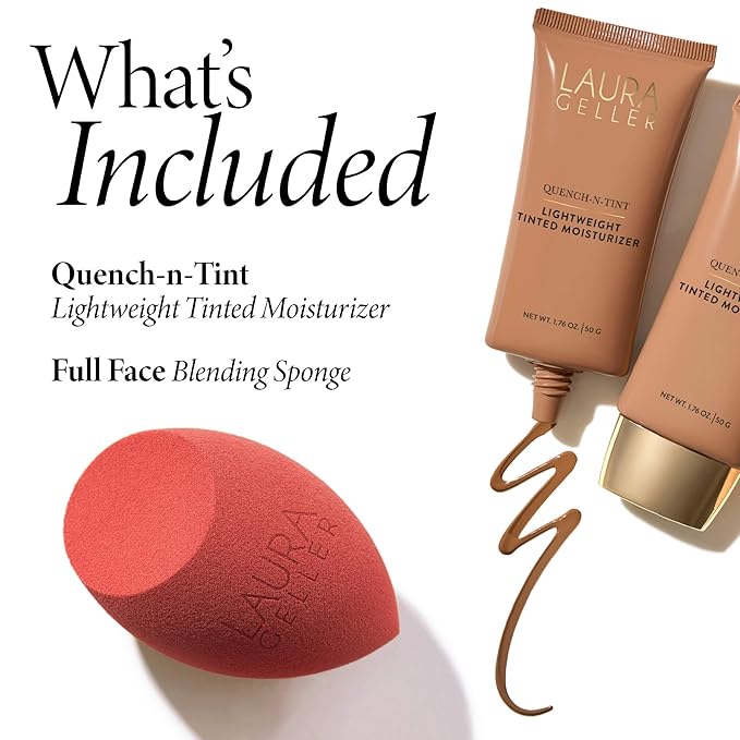 LAURA GELLER Quench-n-Tint Hydrating Lightweight Tinted Moisturizer, Porcelain/Fair + Latex-Free Full Face Makeup Blending Sponge - Sheer Foundation for Daily Use