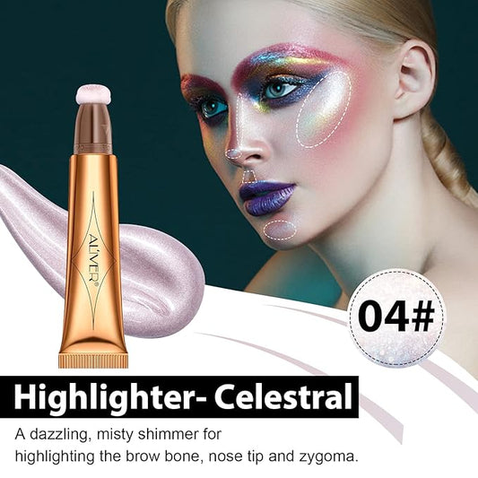 Highlighter Makeup Stick,Liquid Beauty Highlighter Wand with Cushion Applicator,Long Lasting Smooth Natural Matte Finish, Lightweight fairy Highlighter Stick (04-Celestral)
