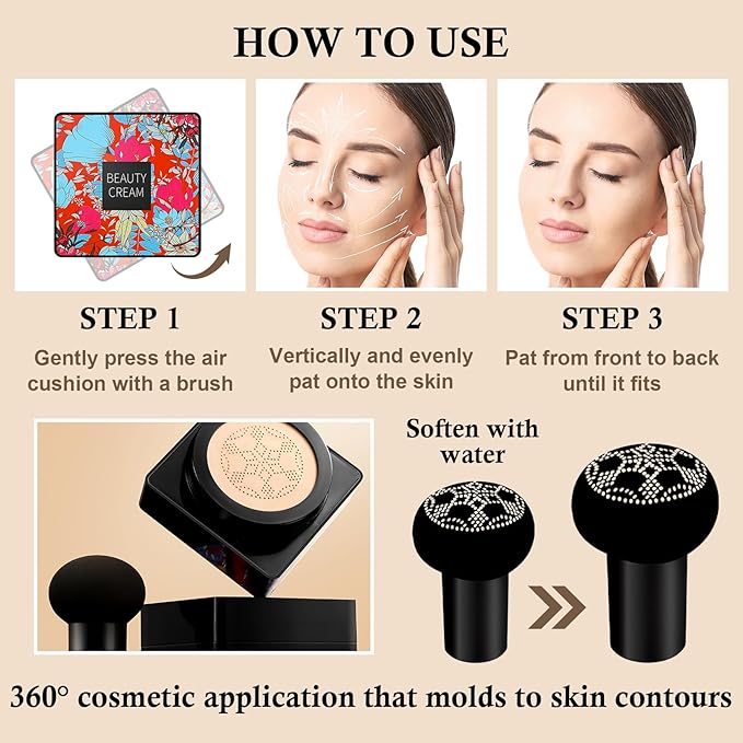 Mushroom Head Air Cushion CC Cream Set,3PCS BB Cream Full Coverage Foundation,Moisturizing Oil Control CC Cream Cushion Foundation,Matte Nude Makeup Foundation & Makeup Sponge (Natural)
