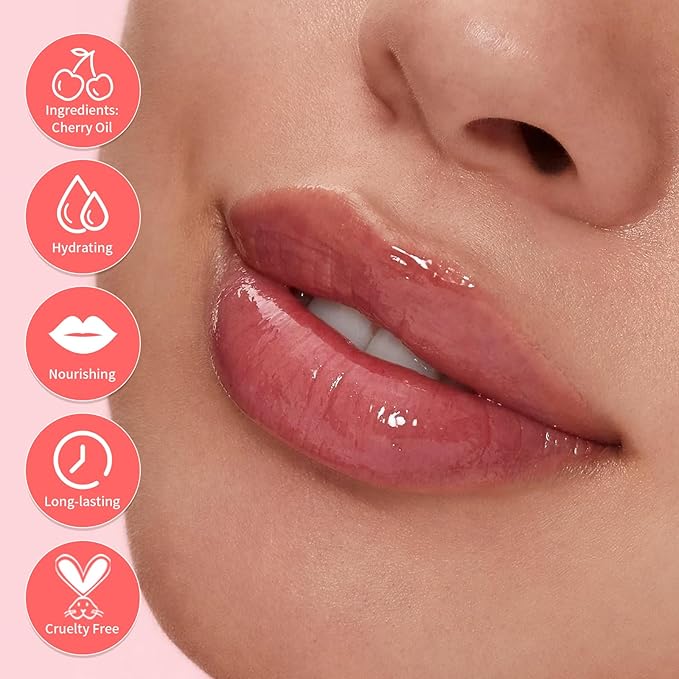 Hydrating Lip Glow Oil - Tinted Plumping Lip Gloss Long-Lasting Moisturizing Cherry Oil Lip Stain Transparent Nourishing Lip Care (Coral Red)