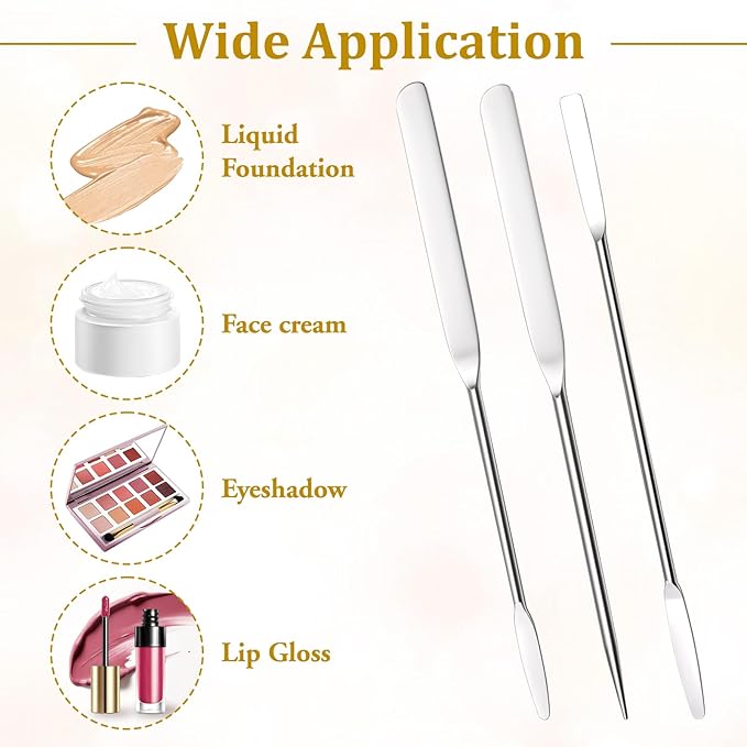 3 Pcs Makeup Spatula Foundation Spatula, Stainless Steel Facial Beauty Spatulas, Double Edged Tiny Makeup Palette Mixer Cosmetic Mixing Tool for Even Application Foundation