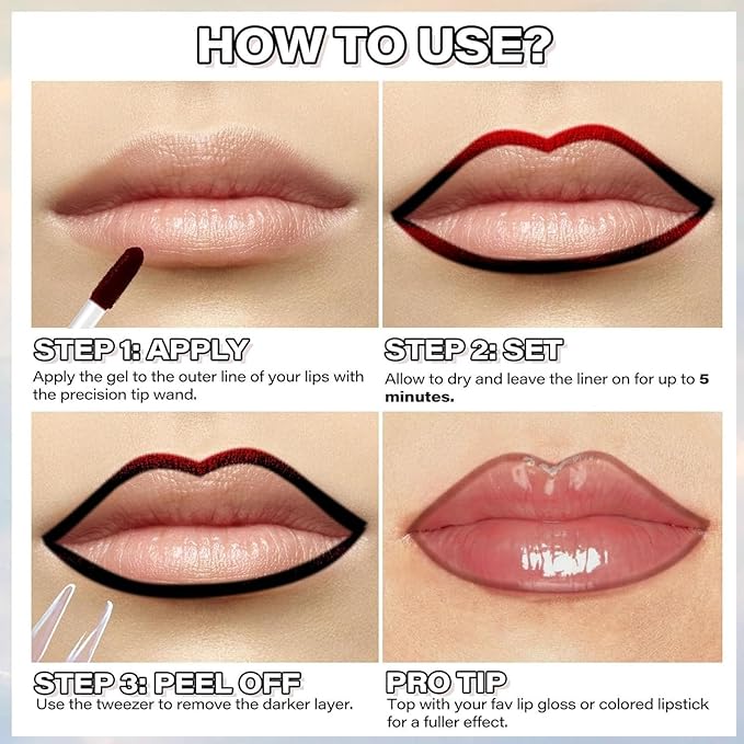 3 PCS Peel Off Lip Liner, Long Wear Tattoo Lip Stain Peel Off, Matte Finish, Long Lasting, Waterproof Peel off Lip Liner Stain (1#2#3#, M)
