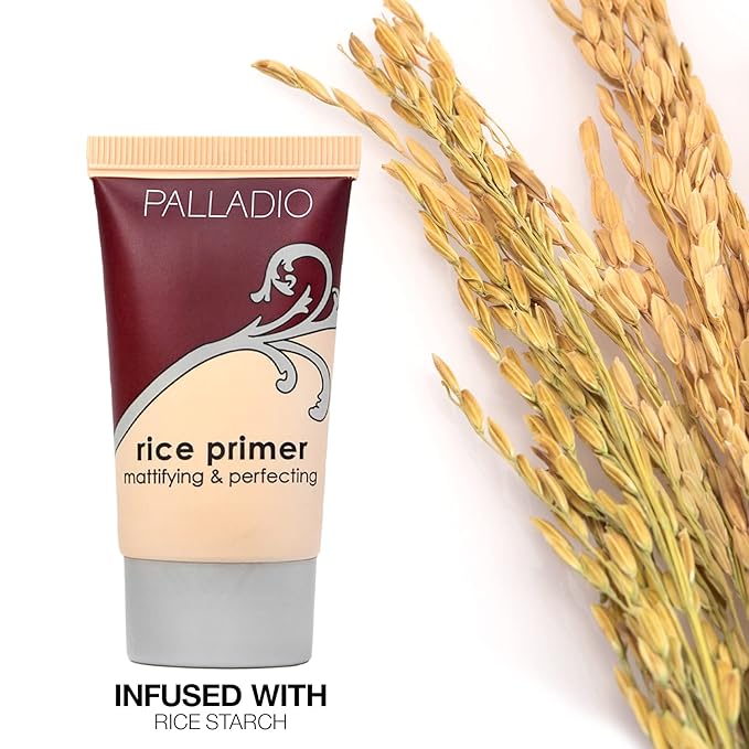 Palladio Rice Primer, Formulated with Natural Rice, Controls Oil on Your Skin and Locks in Makeup, Lightweight with a Smooth Matte Finish, Reduces Facial Shine, for All Skin Types, Beige, 0.71 Fl Oz